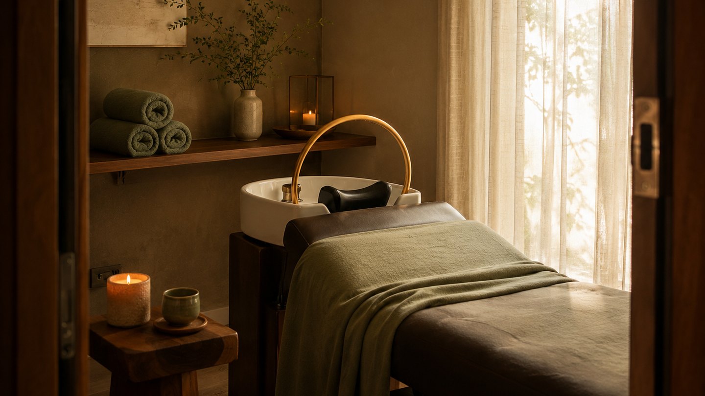 Salle de soin d'Âme Head Spa prête à recevoir une invitée : bac de lavage surmonté d'une arche dorée, couverture de lin sauge, bougie allumée et serviettes roulées, dans la lumière chaude de fin d'après-midi.