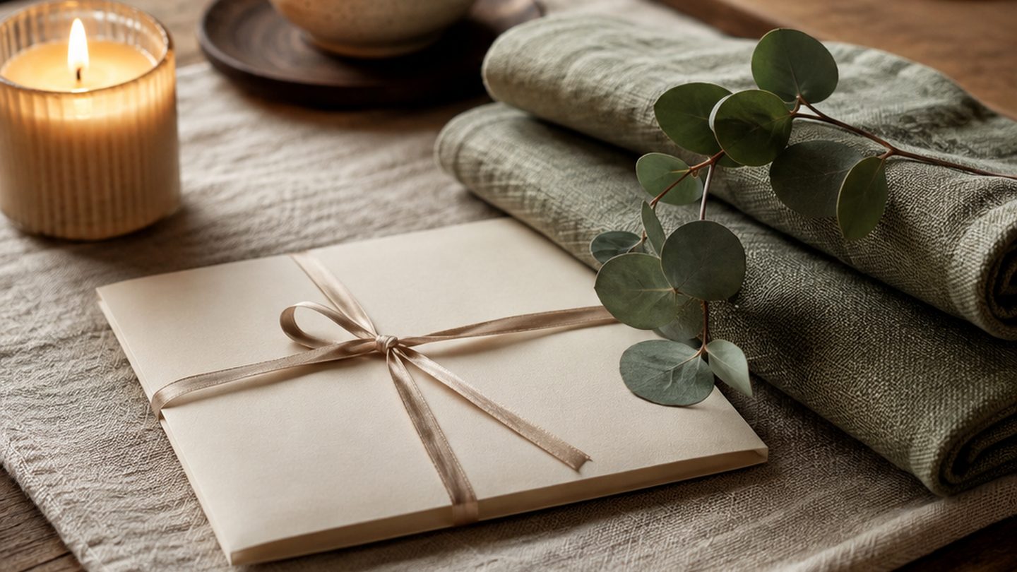 Enveloppe crème nouée d'un ruban de soie posée sur une nappe de lin, à côté de serviettes de lin sauge pliées, d'un brin d'eucalyptus et d'une bougie allumée.